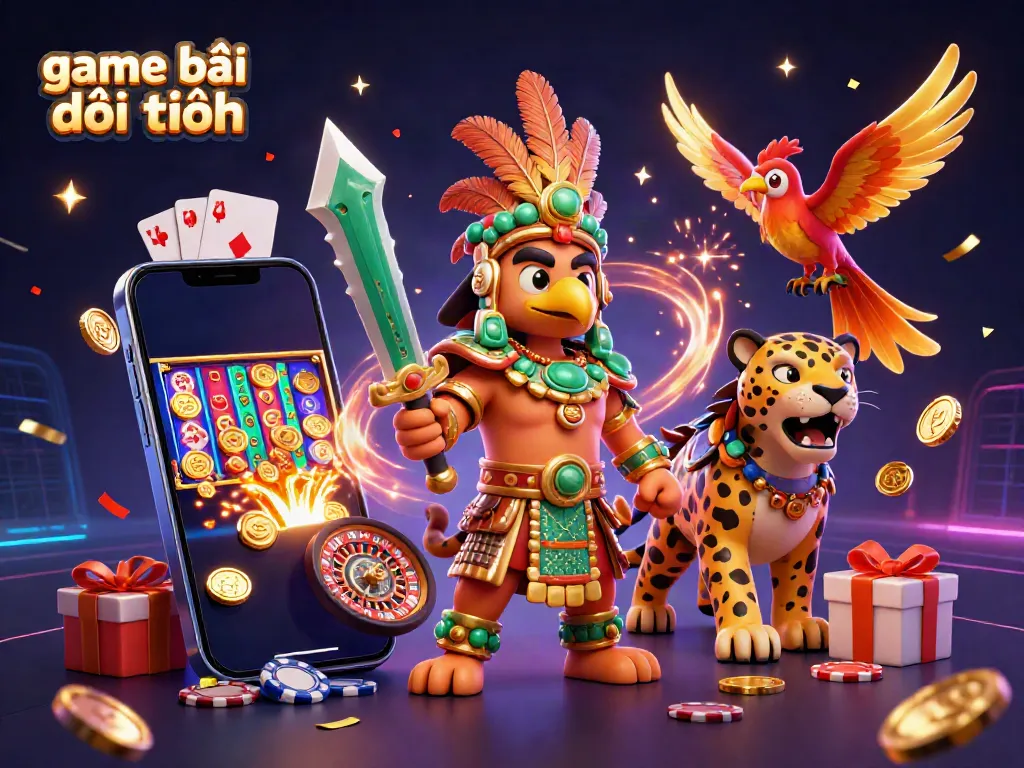 Engage in game bài đổi thưởng with colorful slot game and festive casino elements.