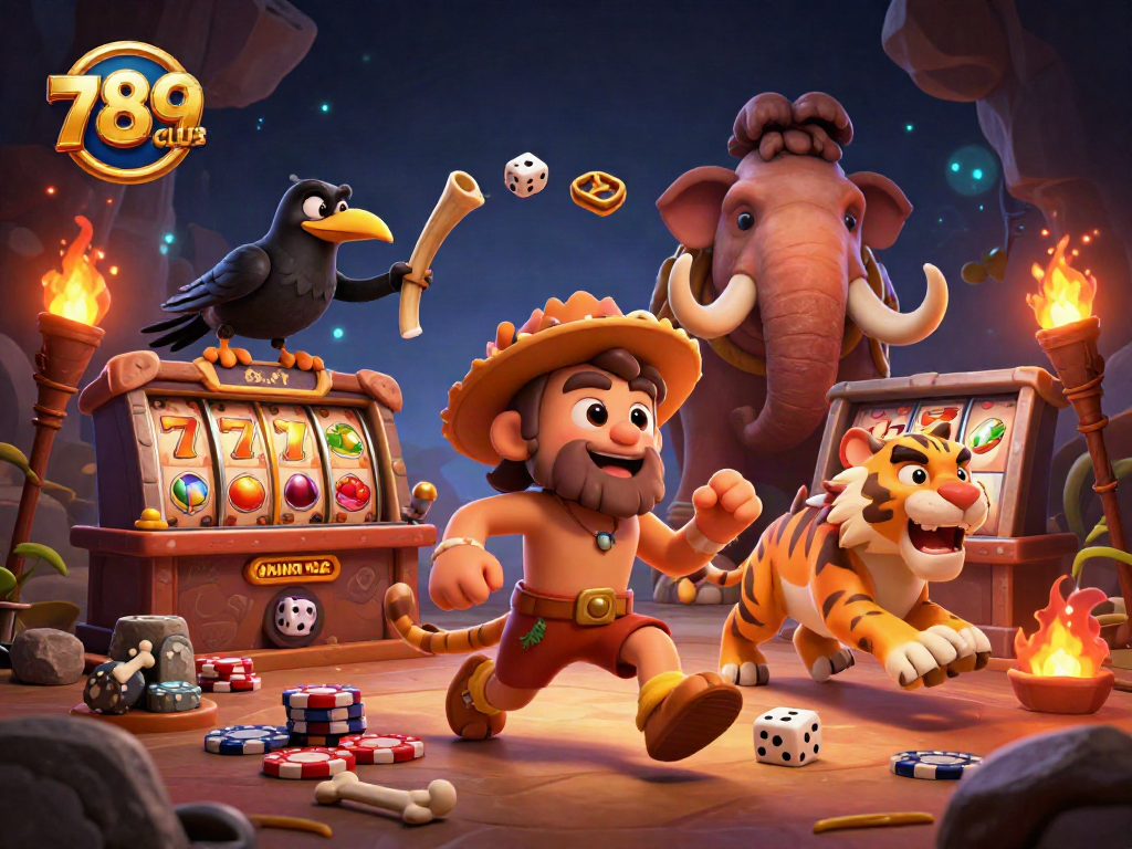 Join the fun at 789CLUB casino with a vibrant, prehistoric gaming scene full of action.