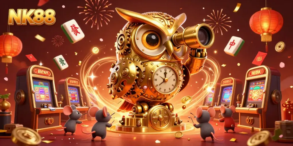 Experience the thrilling casino atmosphere at NK88 with a colorful display of festive elements and engaging characters.