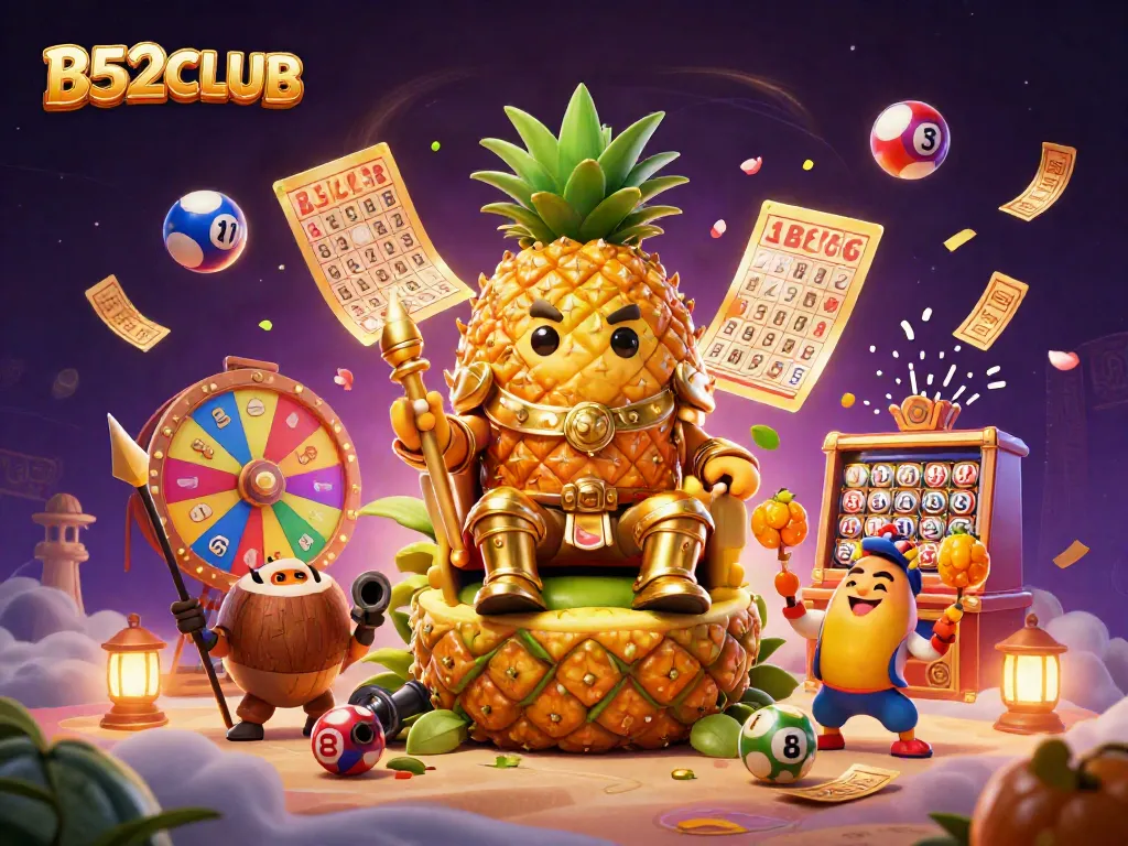 B52CLUB brings luck and excitement to your gaming with vibrant symbols and characters in a dynamic 3D scene.