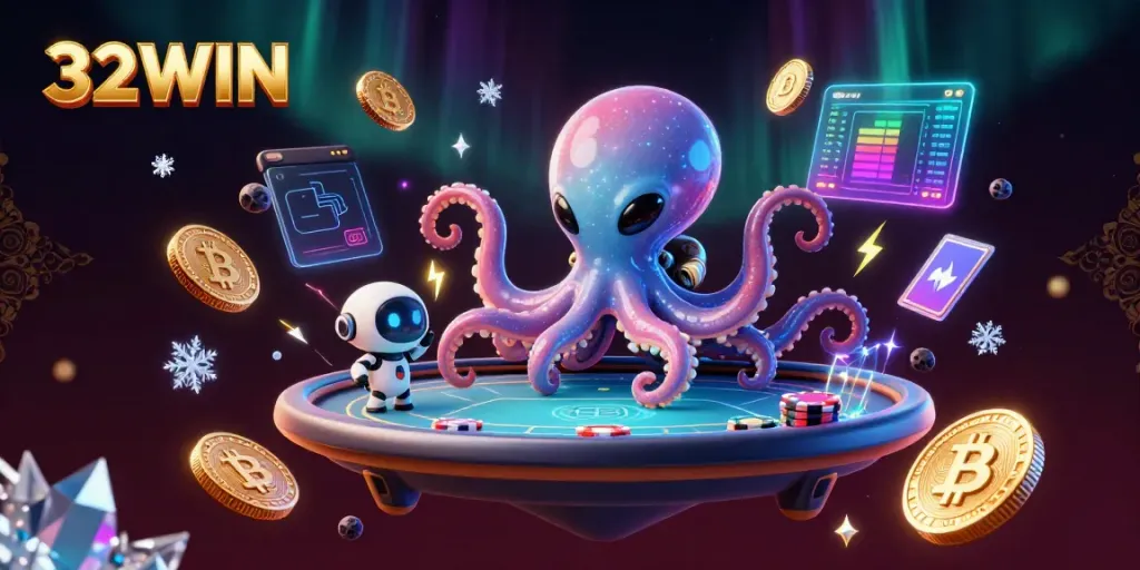 Engage in thrilling casino gameplay with 32WIN, featuring a vibrant space-themed poker scene.