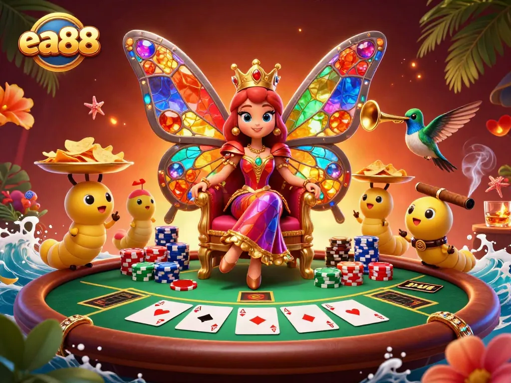ea88 showcases colorful casino action with a butterfly queen and poker elements in a vibrant 3D scene