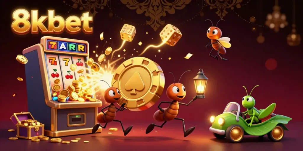 Ants carrying a golden poker chip and a firefly lookout in a colorful casino scene promoting 8kbet