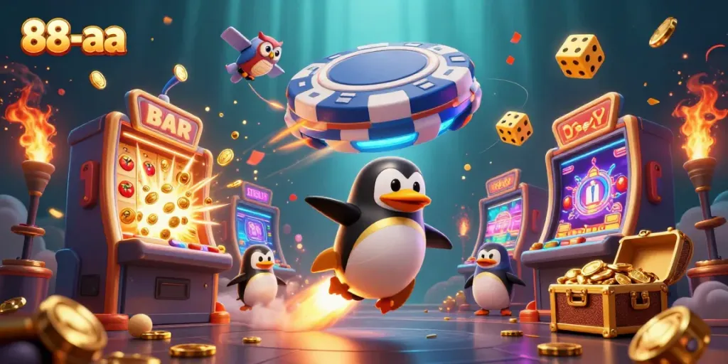 Experience thrilling wins with 88-aa's golden penguin racing through a casino space adventure