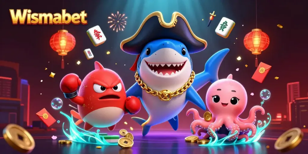 Menggali hadiah dengan Wismabet, karakter kartun 3D bertema perjudian menghiasi dunia kasino yang ceria.