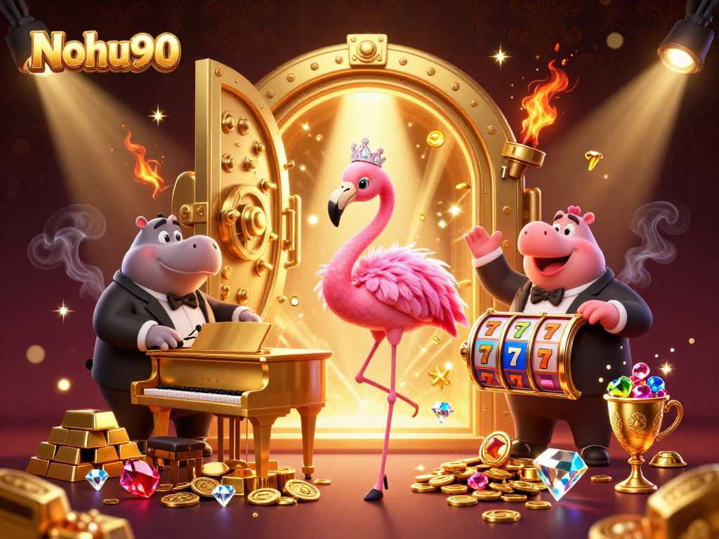 Nohu90 engages players with a vibrant casino scene featuring a flamingo singer and hippo bassist.