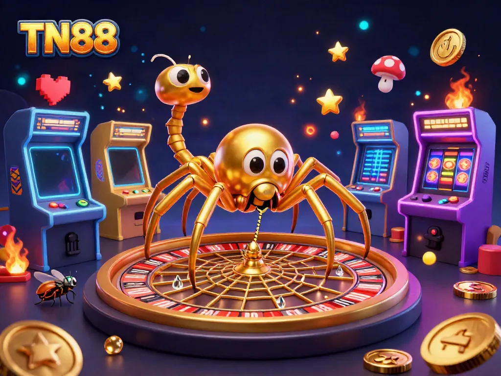 Engaging TN88 casino illustration with a roulette wheel web, spider dealer, and colorful game elements.