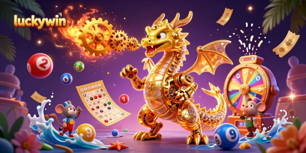 Experience thrilling gameplay with luckywin's dynamic 3D cartoon dragon and casino elements.