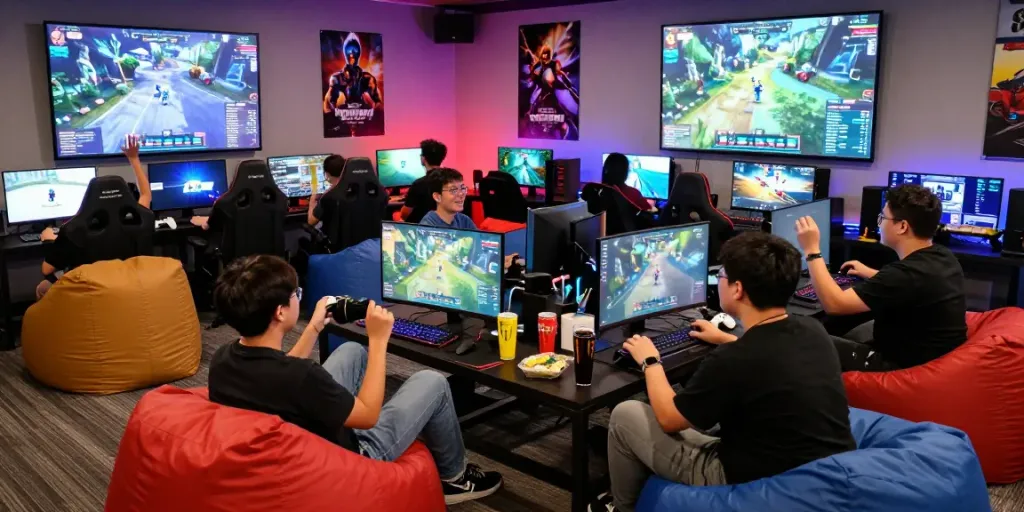 Energetic gaming community at Warung168 lounge celebrating victories together.