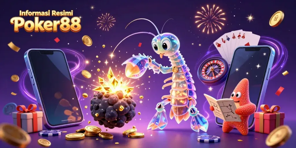 Experience the vibrant world of Informasi Resmi Poker88 with a galactic samurai mantis shrimp amid engaging gaming elements.