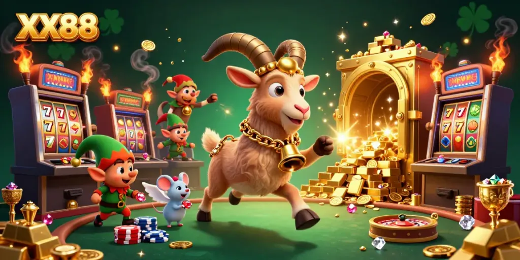 XX88 Casino adventure with a spooky Krampus goat, angel mouse, and elf gremlins stealing poker chips.
