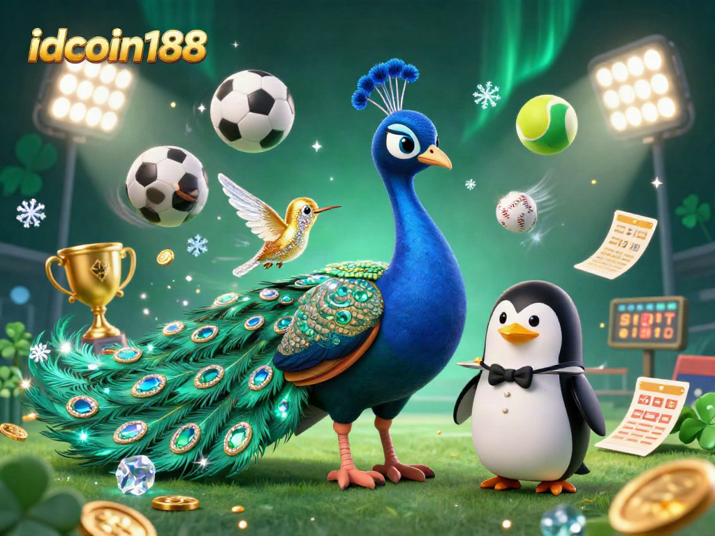 idcoin188 showcases vibrant sports betting elements with an aristocratic peacock and golden coins.