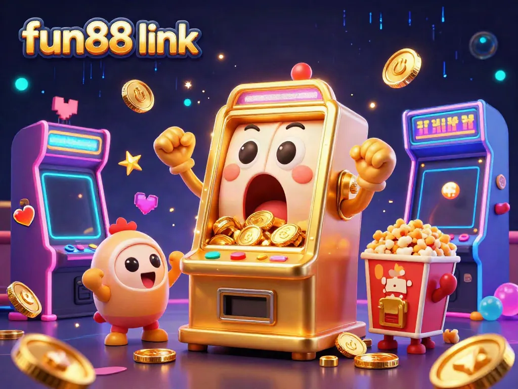 Experience fun88 link excitement with a golden slot machine celebrating its jackpot amidst a vibrant casino atmosphere.