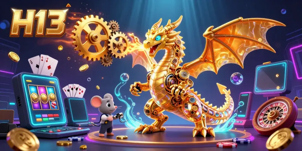 Engage in gameplay excitement with H13, illustrated by a majestic biomechanical dragon amid vibrant casino elements.