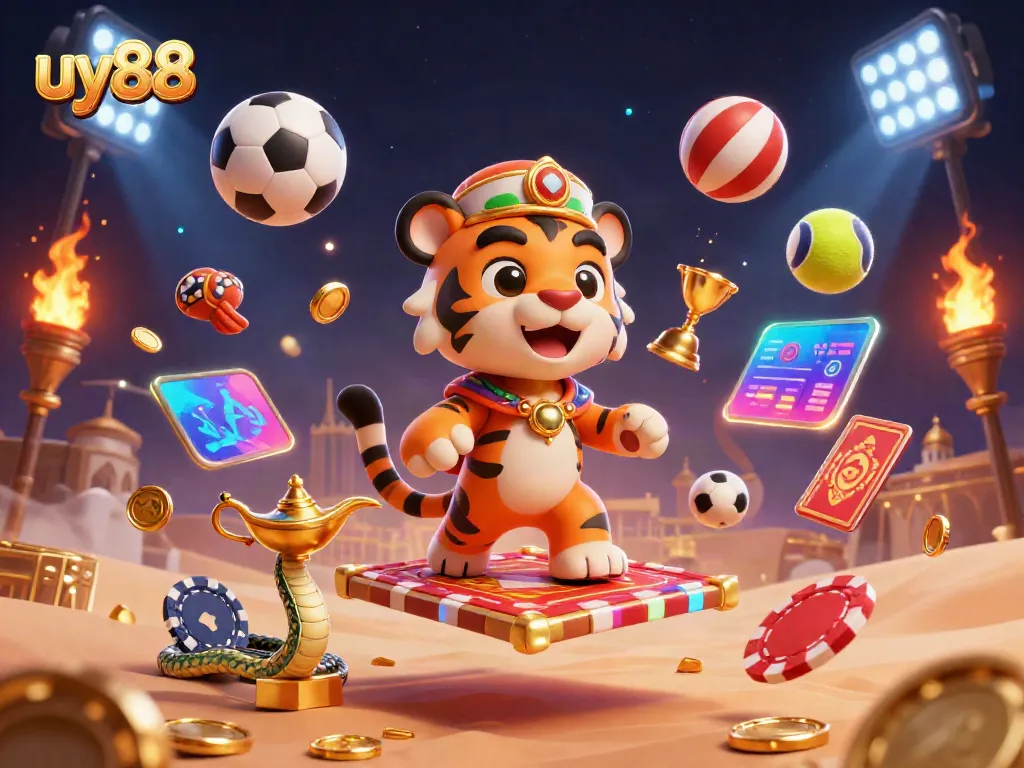 Experience thrilling gaming at uy88 with an Arabian Nights-themed sultan and dynamic sports elements.