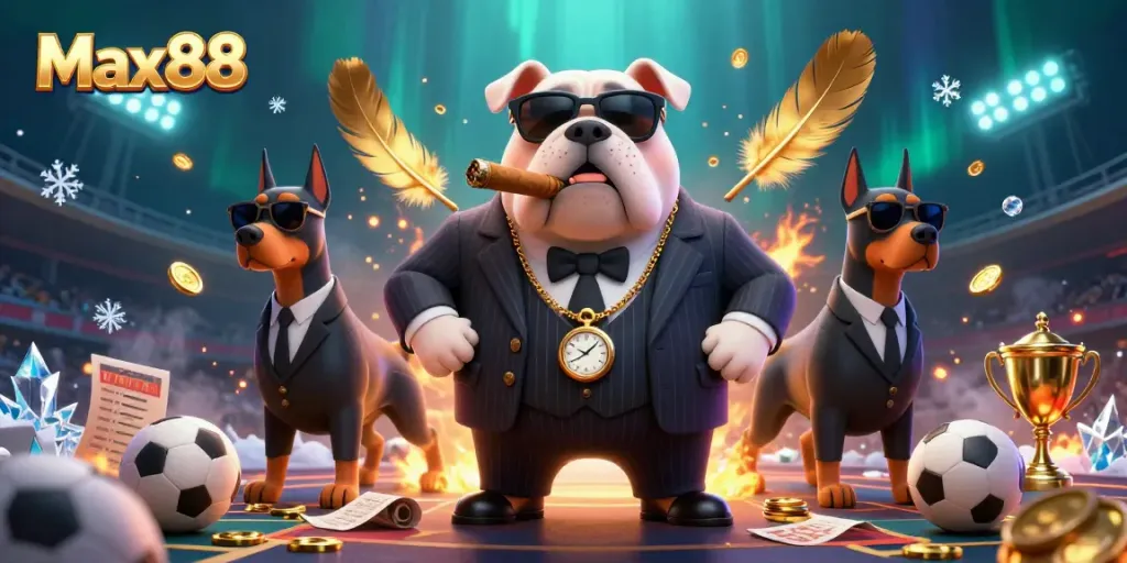 Max88 sports betting scene featuring a mafia bulldog with bodyguard Dobermans, energetic atmosphere.