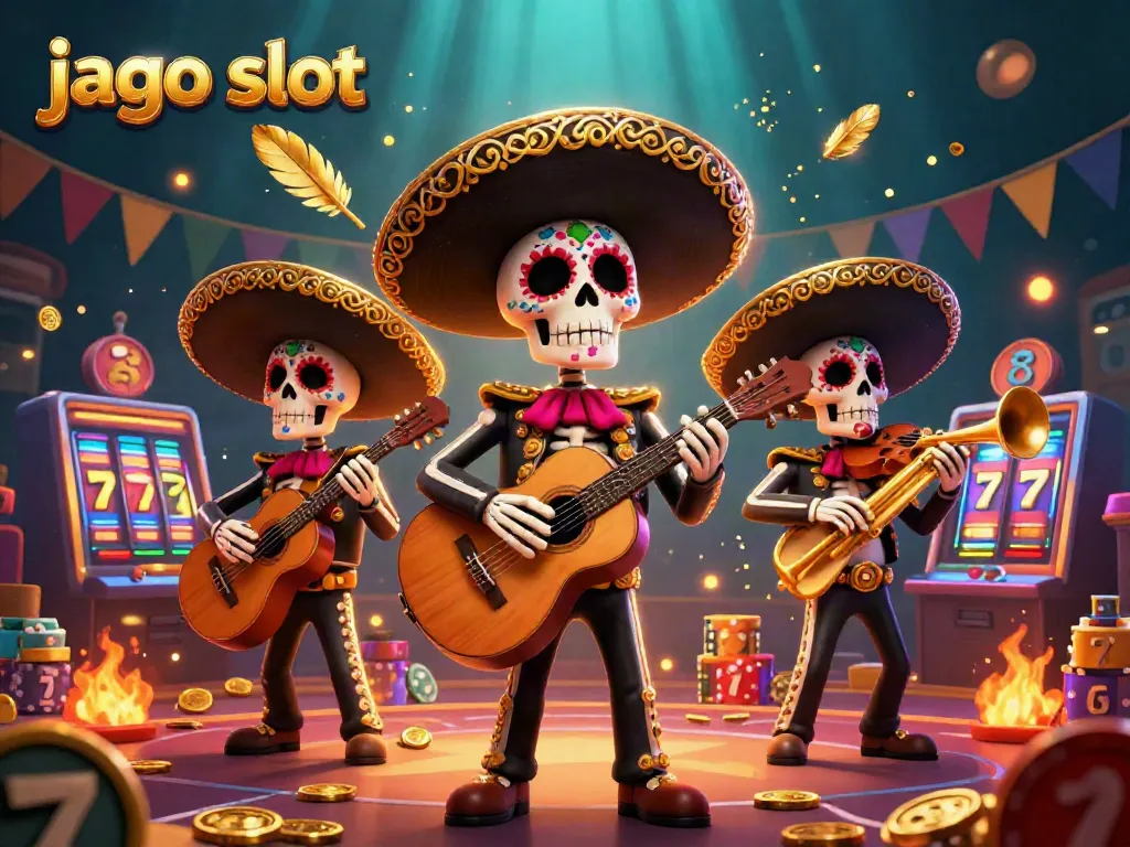Band mariachi kerangka Dia de los Muertos merayakan jago slot dengan slot mesin dan koin emas.