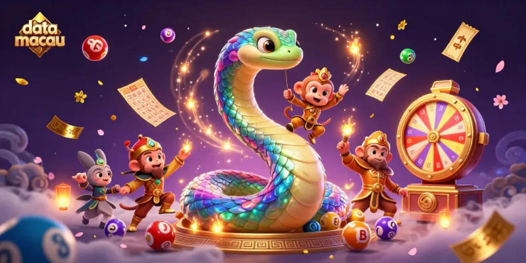 Menang dengan data Macau, angka lotere berwarna-warni dan elemen kasino yang menciptakan atmosfer magis.