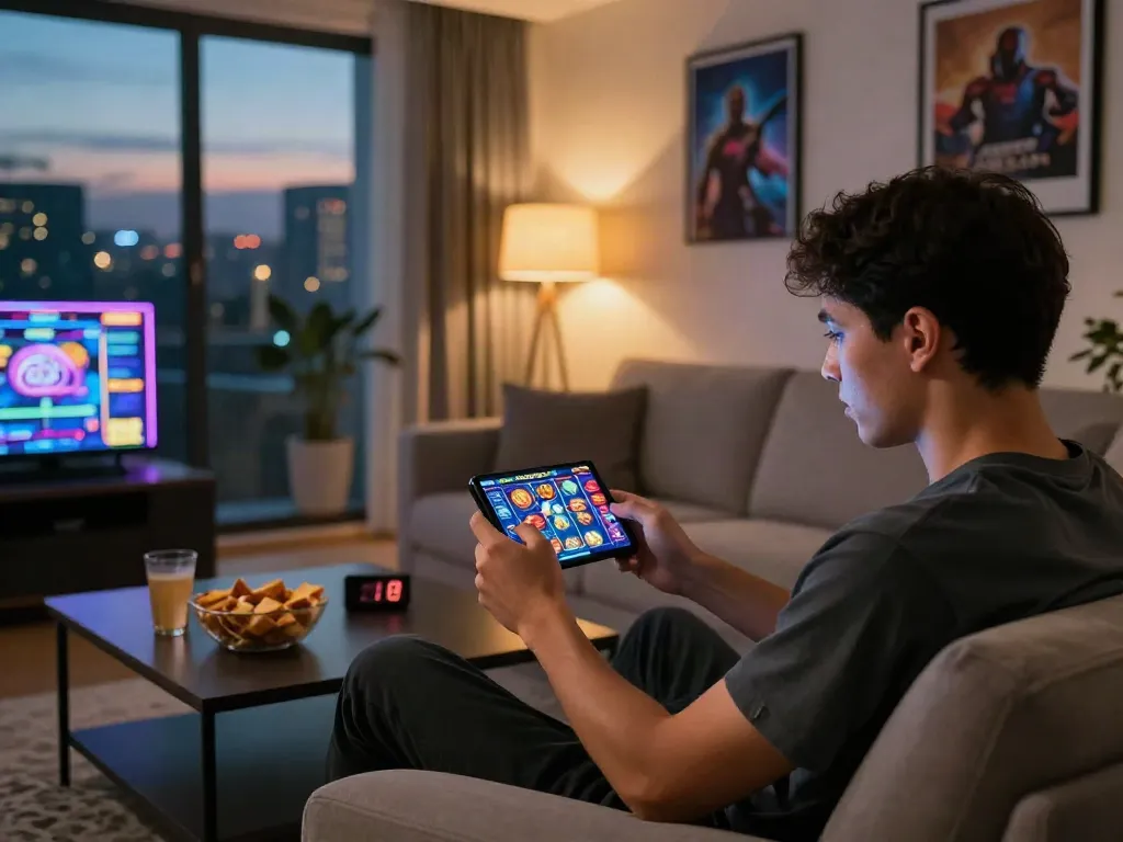 Player enjoying slot gacor games on mobile device in a vibrant living room