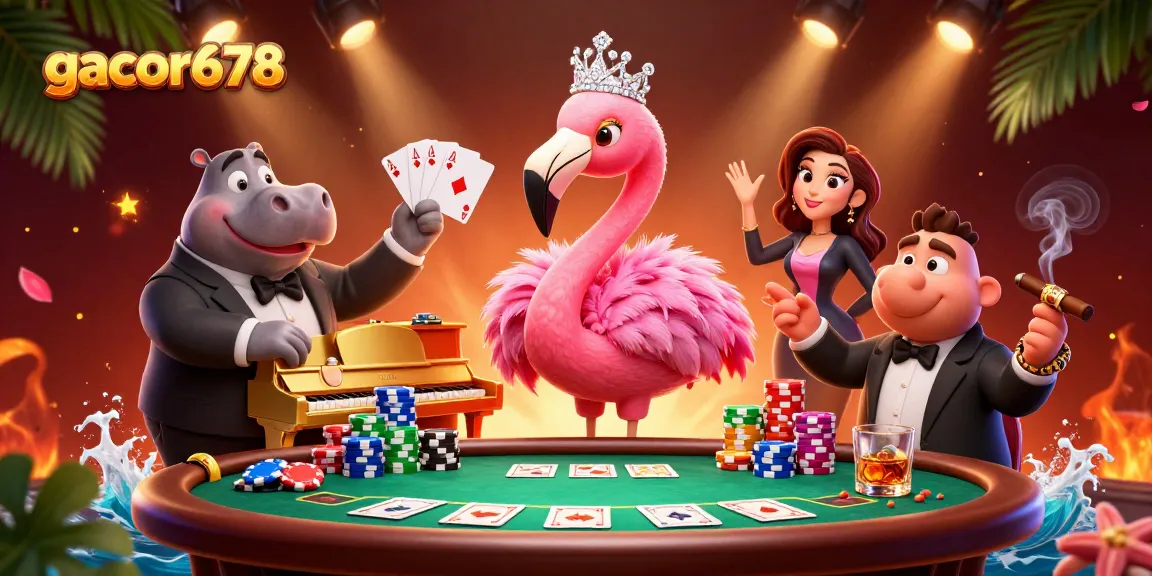 Experience the excitement of gacor678 with a vibrant casino scene featuring colorful poker chips and enthusiastic characters.