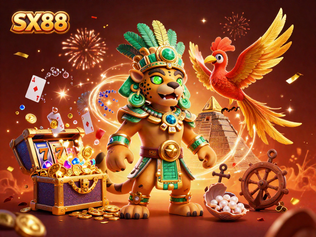 SX88 unleashes excitement with a vibrant online casino scene featuring thrilling slot elements.