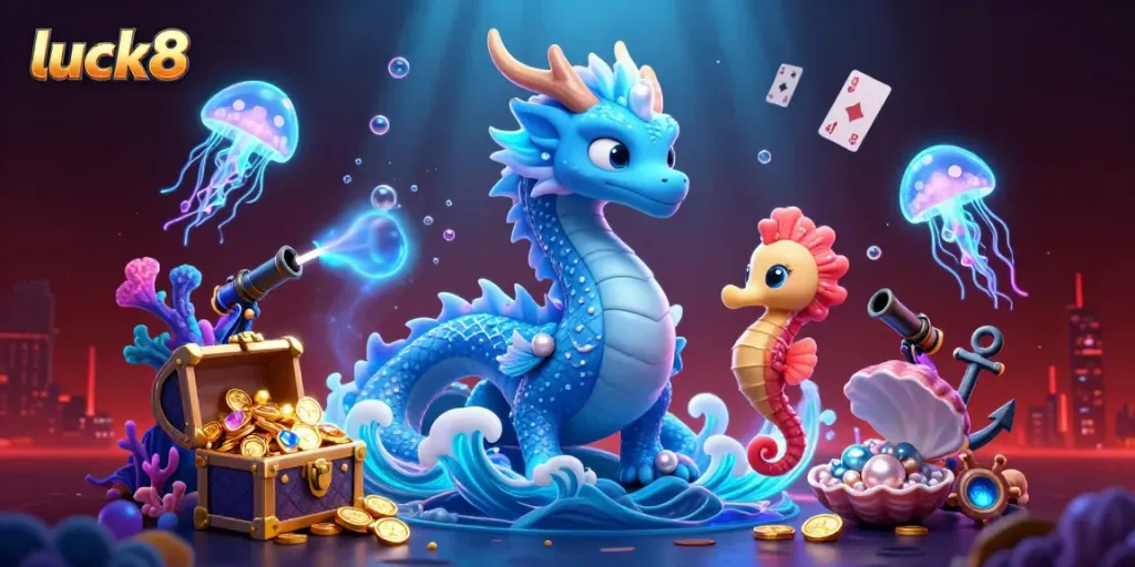 Experience the thrill of luck8 with a vibrant underwater scene featuring a dragon, knight, and neon jellyfish.