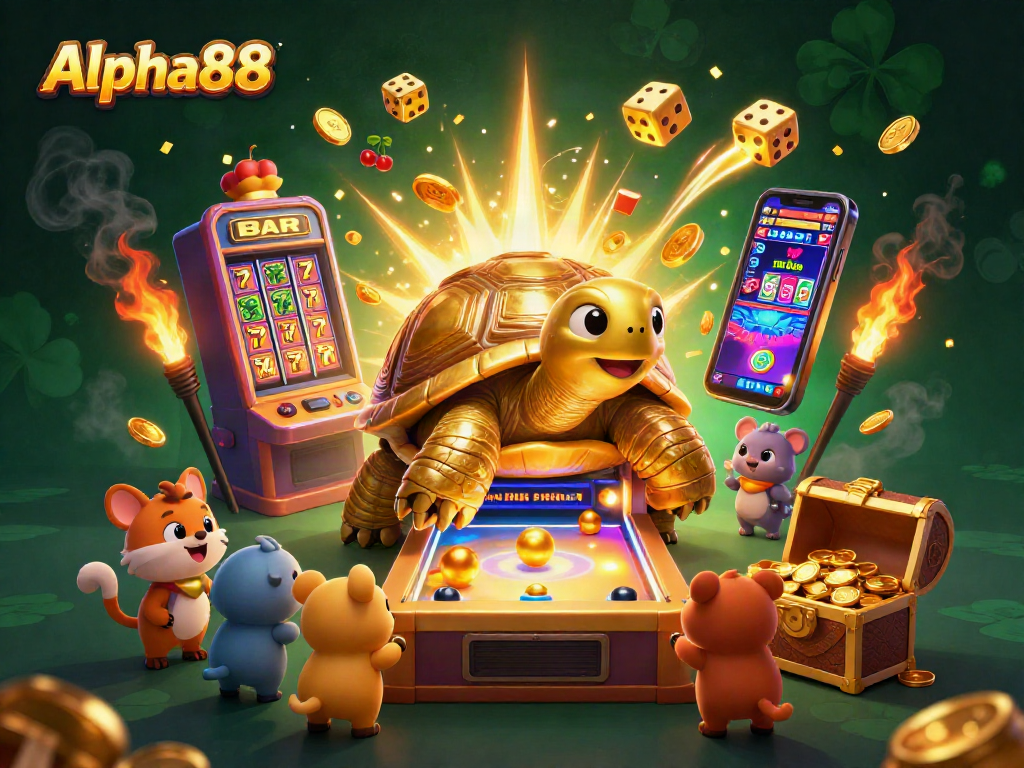 Experience the excitement of Alpha88 with a dynamic casino scene filled with games and treasures.