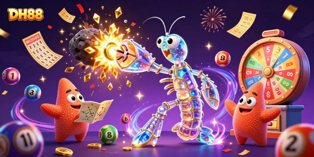 Spin and win with DH88's vibrant lottery gaming illustration filled with excitement.