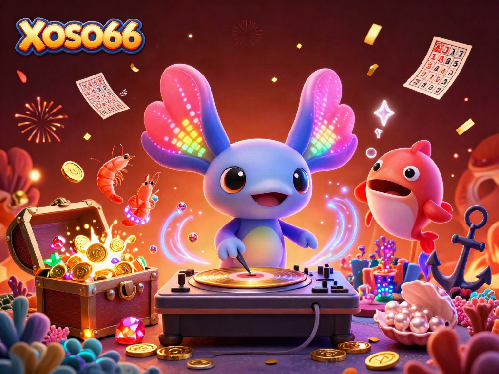 XOSO66 encourages winning plays with a vibrant underwater DJ scene featuring colorful characters and gambling elements.