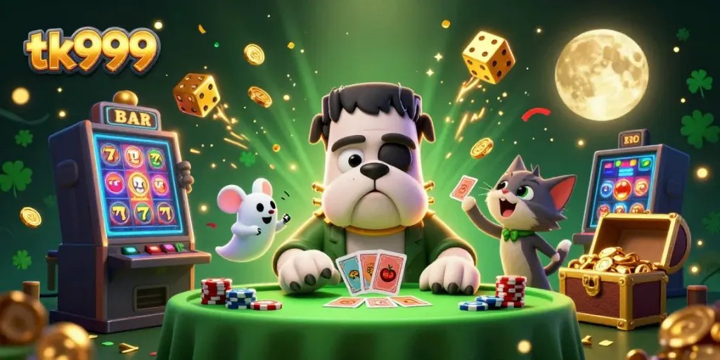 Experience thrilling gameplay on tk999 with vibrant 3D characters and casino elements bursting with excitement.