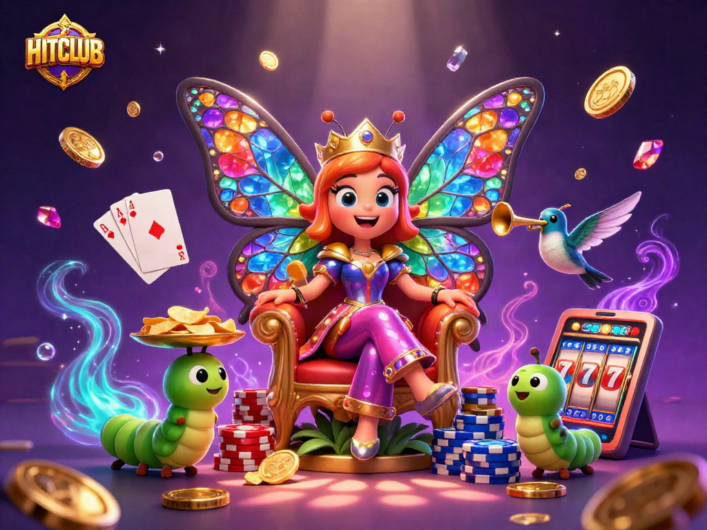 Experience HITCLUB's vibrant casino adventure with intricate 3D characters, chips, and dynamic casino elements.