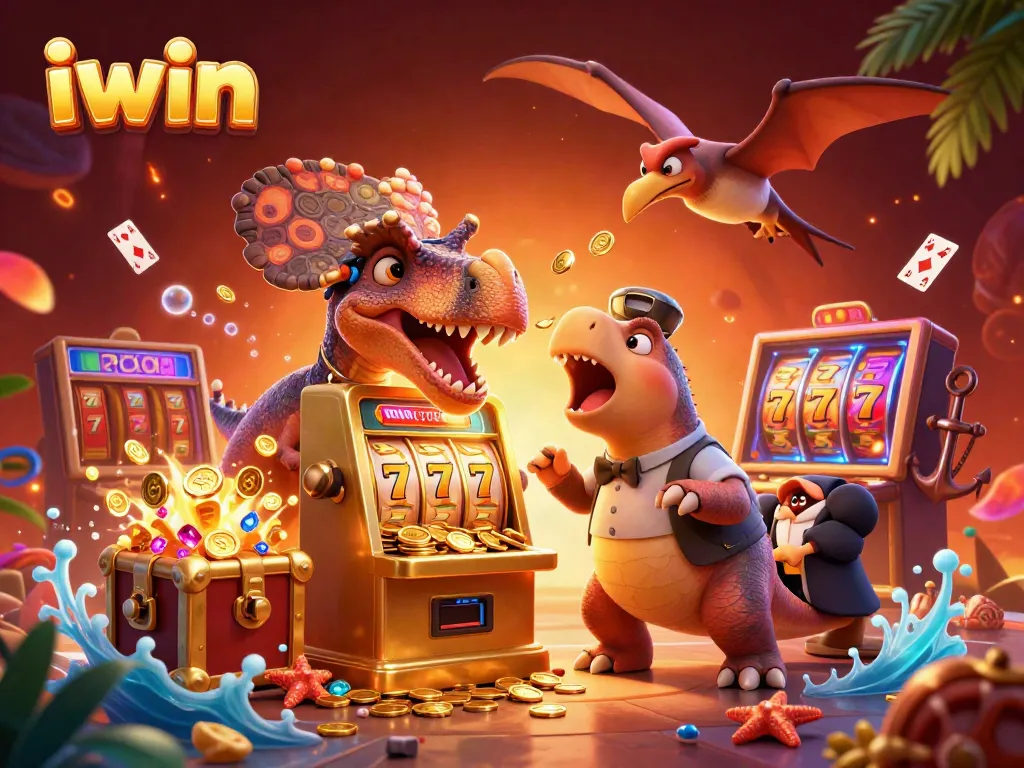 iwin showcases a thrilling casino scene with 3D characters winning jackpots and flying coins.