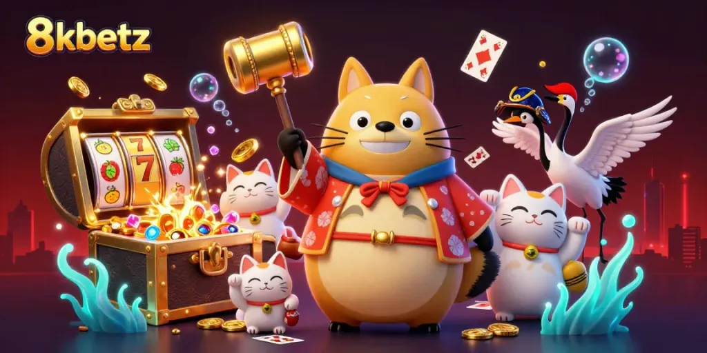 Experience 8xbetz gaming excitement with cheerful characters and dynamic casino elements.