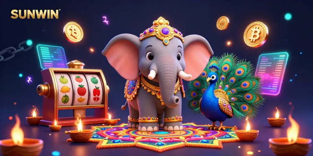 Engage in the SUNWIN experience with a vibrant illustration showcasing a Diwali-themed elephant, peacock, and slot machine elements.