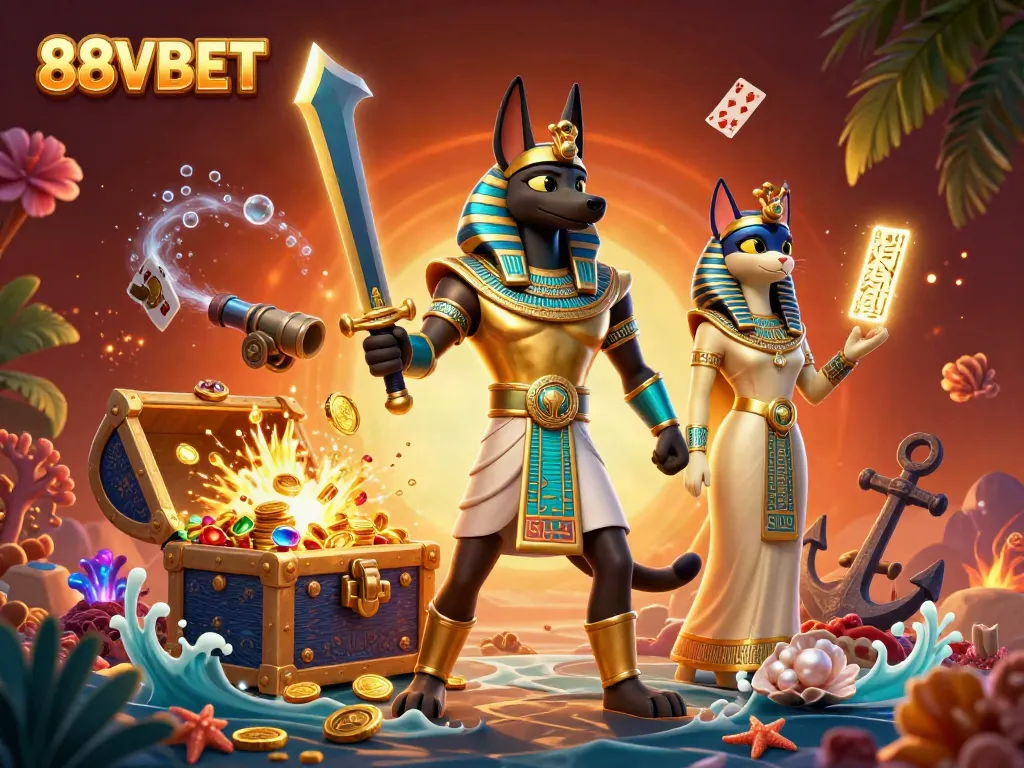 Experience 88VBET’s thrilling online gaming with Anubis and Bastet in a vibrant casino setting.