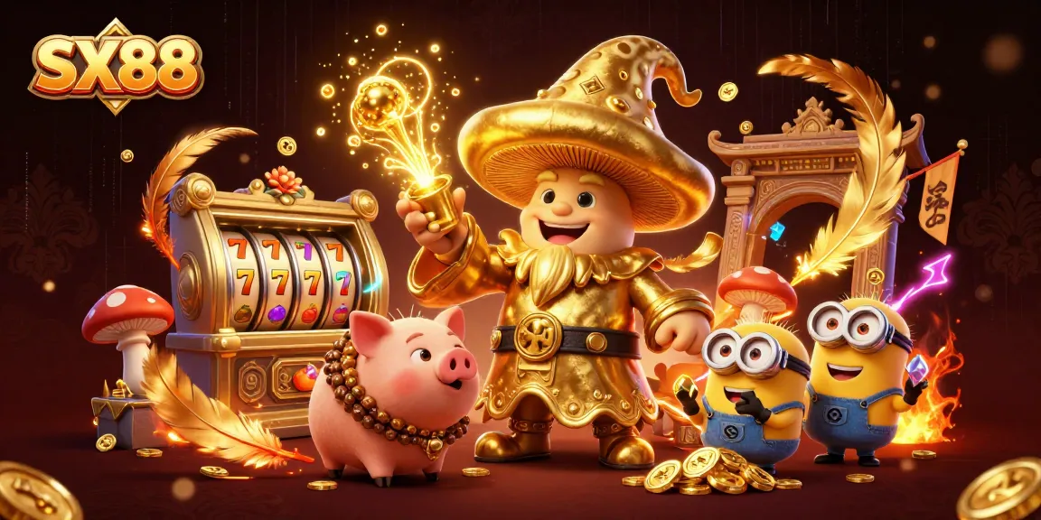 SX88 celebrates slot gaming with a golden wizard and treasure-finding pig amidst vibrant casino themes.