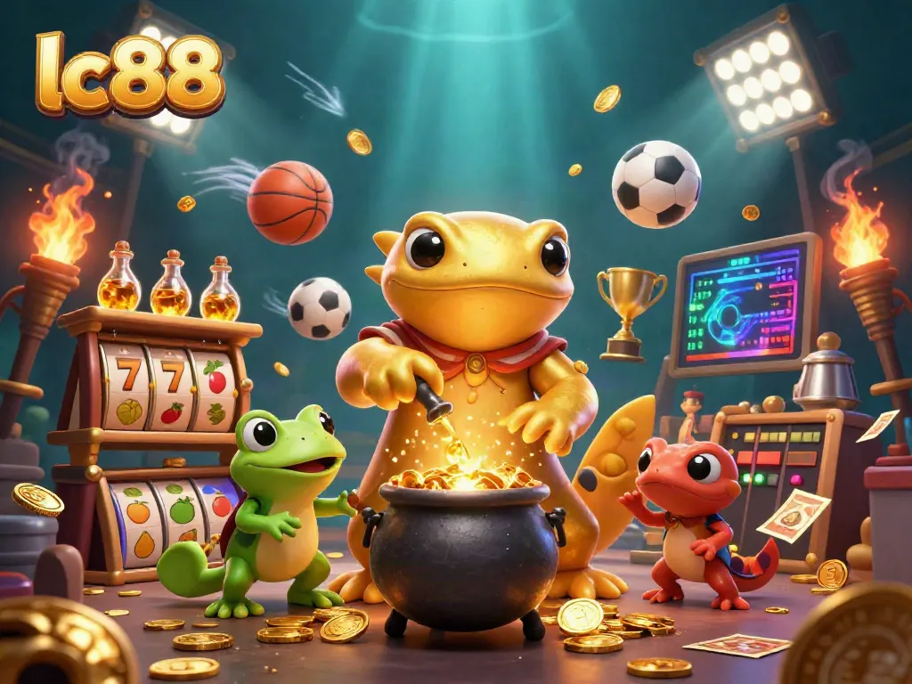 Experience gaming magic with lc88: a vibrant scene of an alchemist surrounded by gold coins and slot reels.