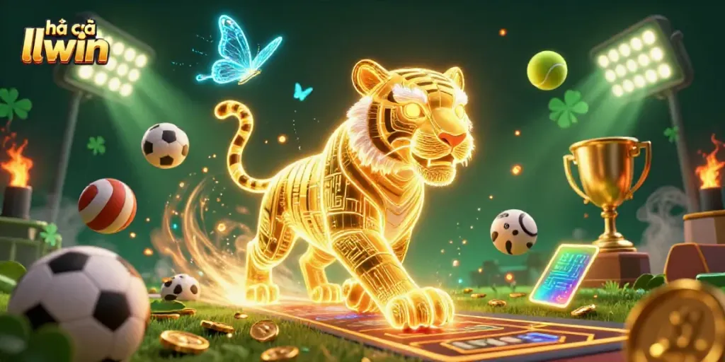Engage with nhà cái llwin in a vibrant digital casino scene featuring a neon tiger and sports elements.