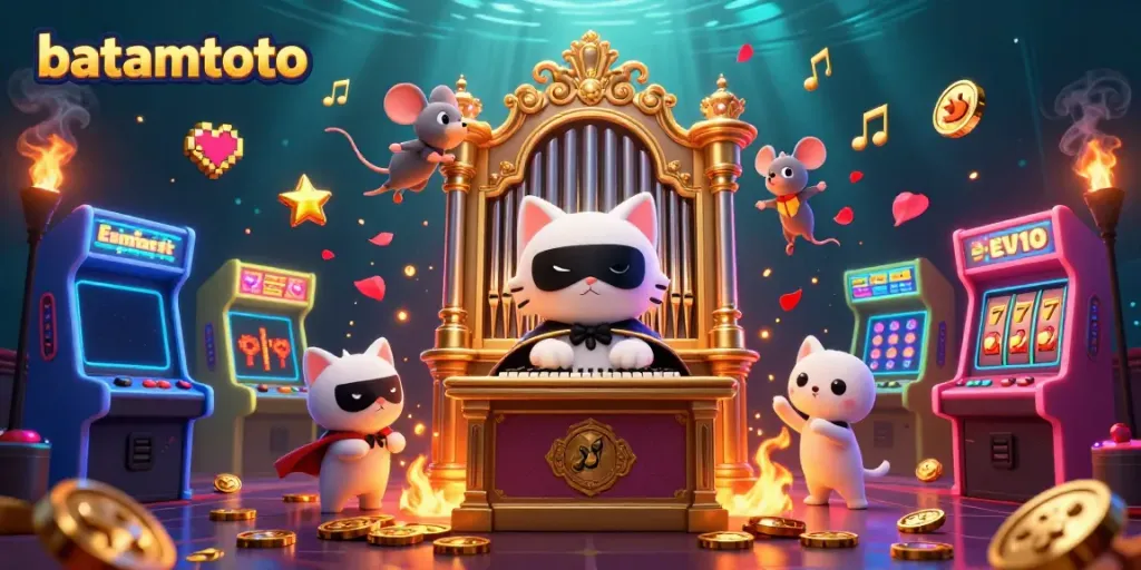 Experience thrilling gameplay with batamtoto at a vibrant casino scene featuring colorful slot reels and characters.