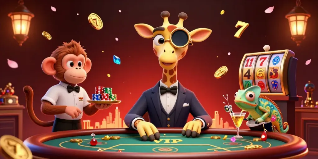 Experience the thrill at luck8 with a high-roller giraffe and lively casino elements surrounding a poker game.