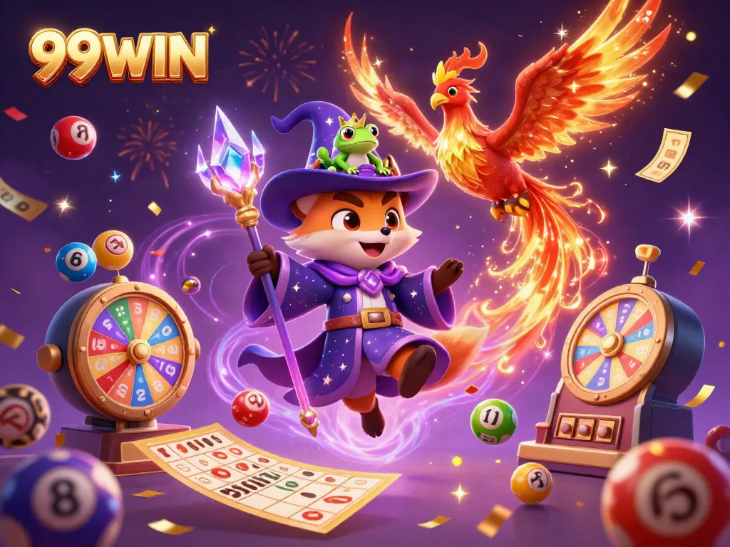 Experience the magic of 99WIN with a whimsical wizard fox, phoenix, and exciting lottery elements.