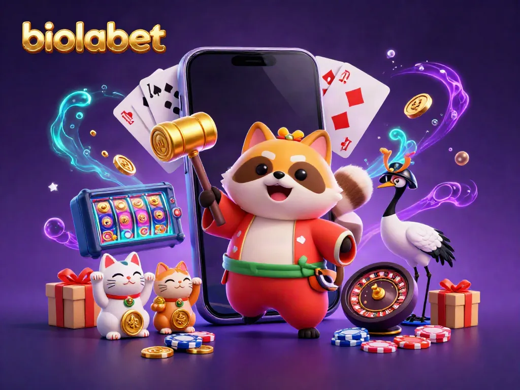 Engage with biolabet's vibrant casino scene featuring cheerful characters and colorful gaming elements.