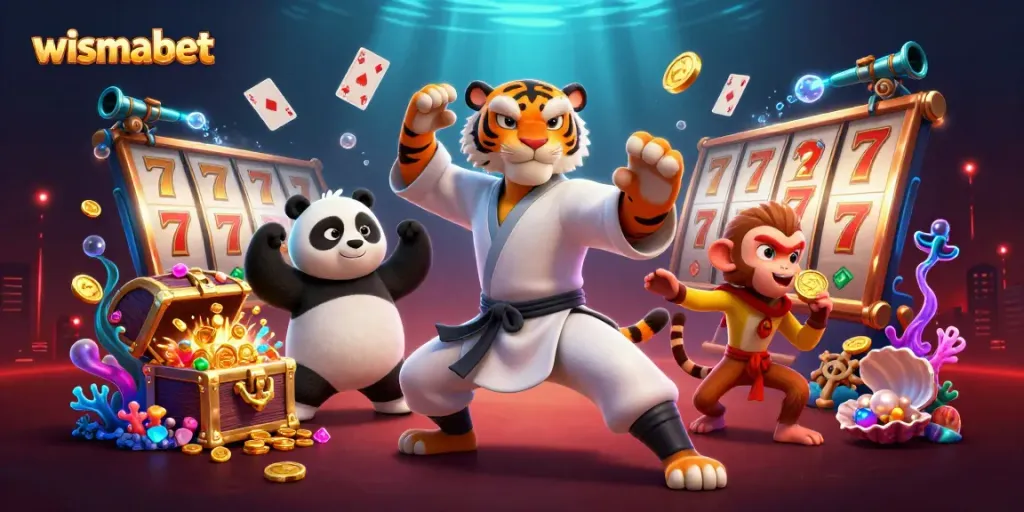 Wismabet menghadirkan ilustrasi kasino 3D dengan karakter kartun dan elemen slot yang menarik.