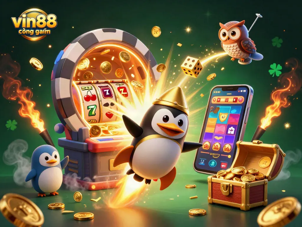 Win big with vin88 cổng game at a vibrant casino scene featuring lucky penguins and jackpots.