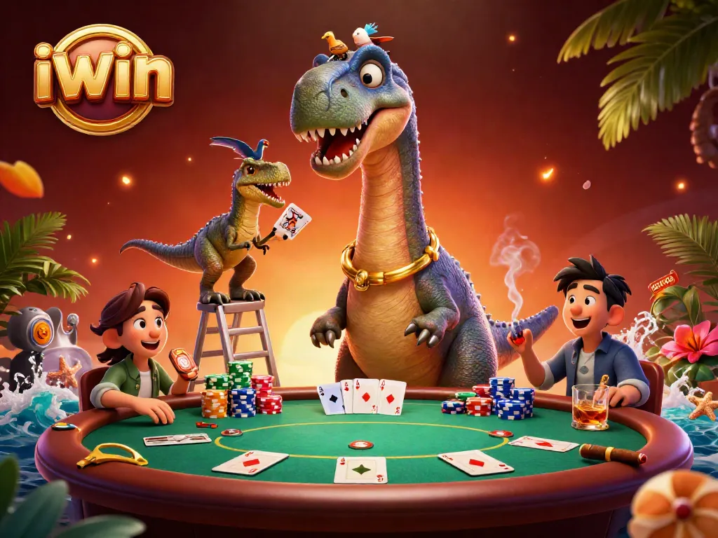 Engage with iwin at a dynamic casino scene featuring a towering brontosaurus and raptor dealer.