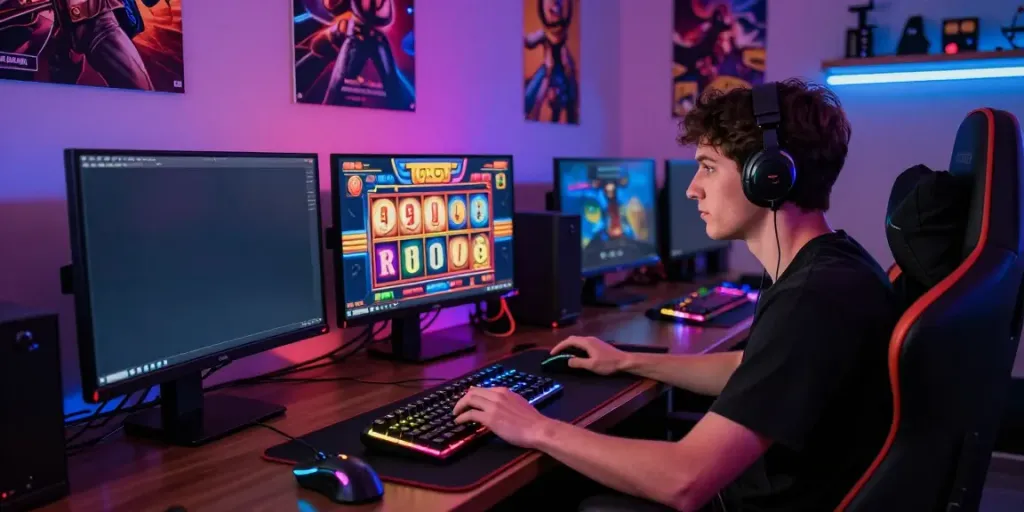 Player enjoying slot gacor games in an immersive gaming setup with colorful lights and screens.