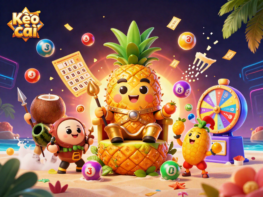 Kèo nhà cái showcases a vibrant scene with a cartoon pineapple king overseeing dynamic gaming excitement.