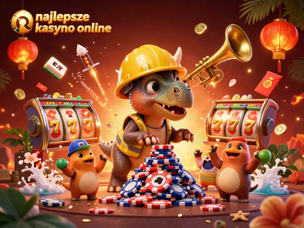 Experience the excitement of najlepsze kasyno online with a dynamic poker chip pyramid and celebratory characters.