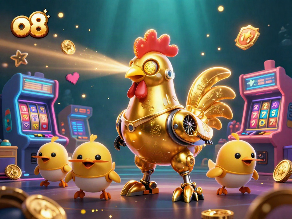 Engage with o8's vibrant casino scene featuring a golden rooster robot amidst dynamic slot elements