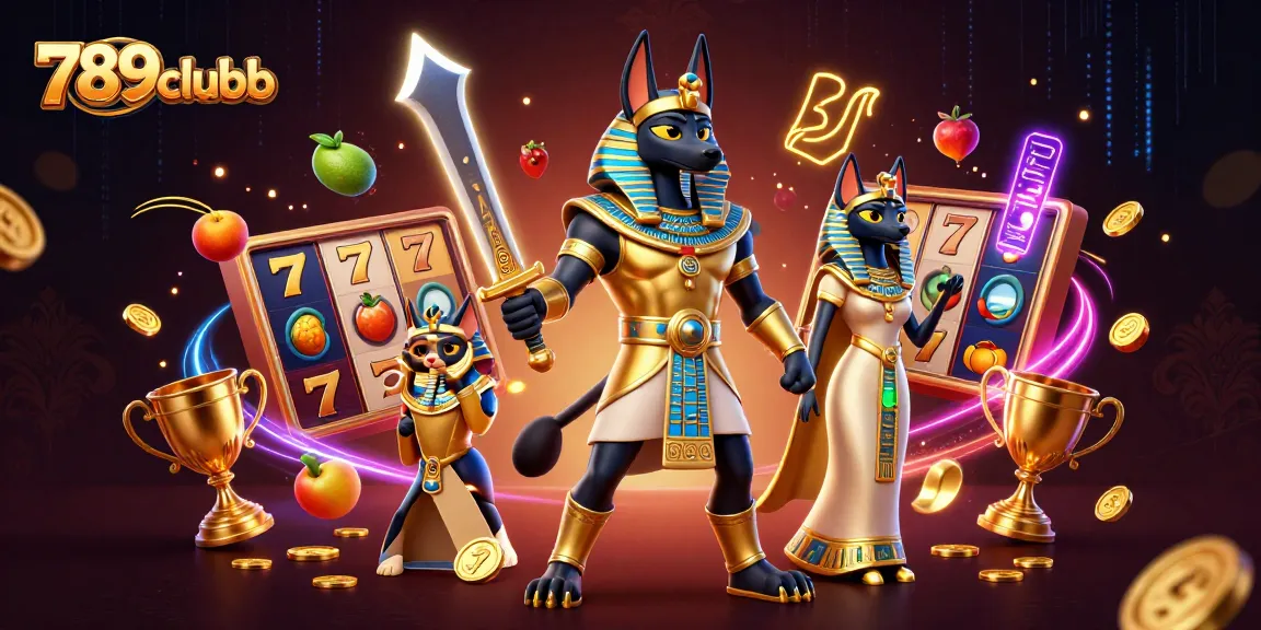 Engage with thrilling 789clubb slot gameplay featuring Anubis and Bastet amidst vibrant casino elements.